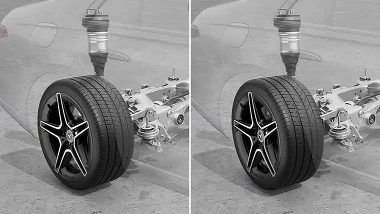 Rear wheels of an S-Class shown turned at opposite steering angles