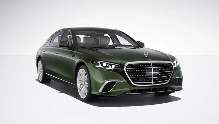 Olive green Mercedes-Benz S-Class sedan shown from a front three-quarter angle