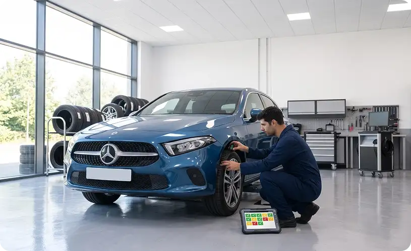 Mercedes-Benz technician checking the front wheel of a blue Mercedes-Benz hatchback beside a digital inspection tablet