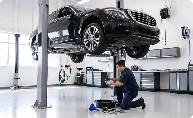Technician draining engine oil into a catch pan beneath a black Mercedes-Benz S-Class raised on a two-post lift