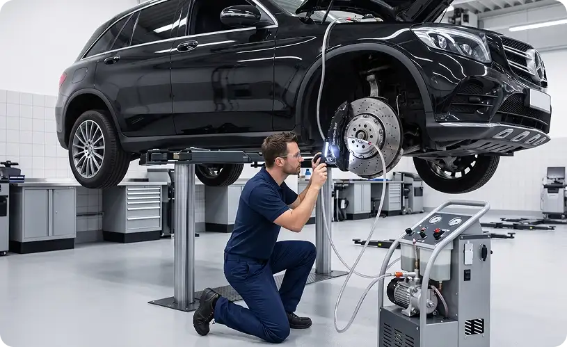 Technician inspecting the front brake rotor and caliper of a black Mercedes-Benz GLC on a lift, with a brake fluid exchange machine alongside