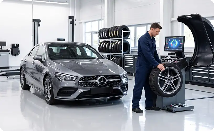 Technician mounting a wheel on a road-force balancer beside a grey Mercedes-Benz CLA in the service bay