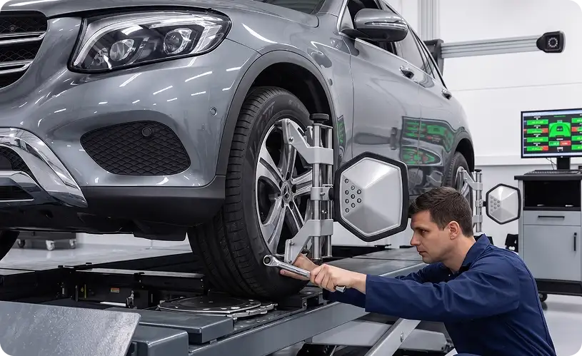 Technician adjusting the front wheel of a grey Mercedes-Benz GLC with an alignment sensor clamped to the rim, readings on the screen behind