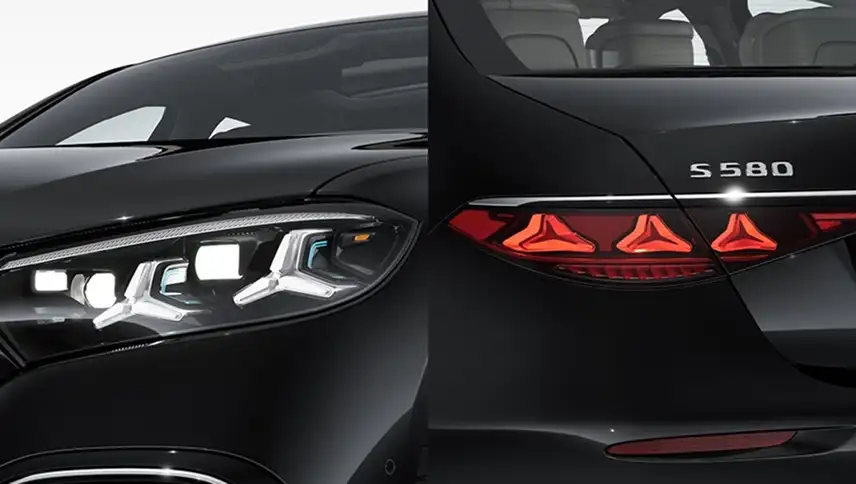 LED headlamp and taillamp details on a black S 580 sedan