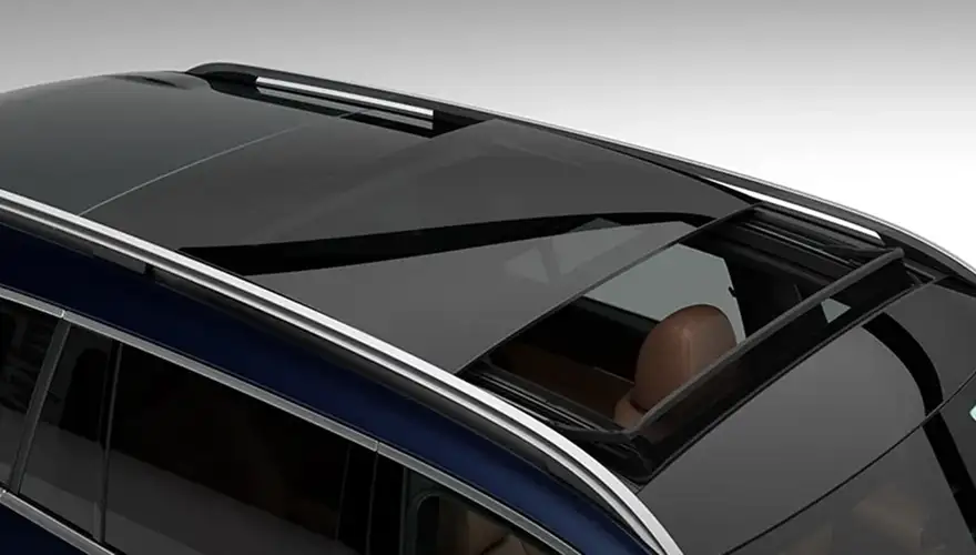 Overhead view of the panoramic glass roof on a blue Mercedes-Benz GLS