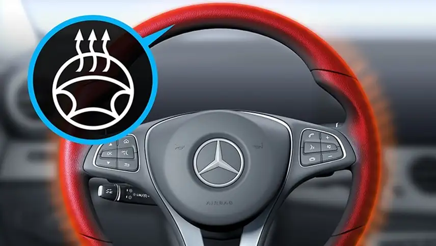 Steering wheel glowing red beside a heated steering wheel icon
