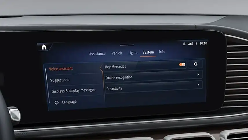 Dashboard display open to the Voice assistant settings with Hey Mercedes switched on