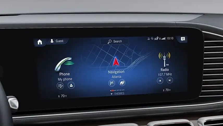 Widescreen display showing the phone, navigation and radio home tiles