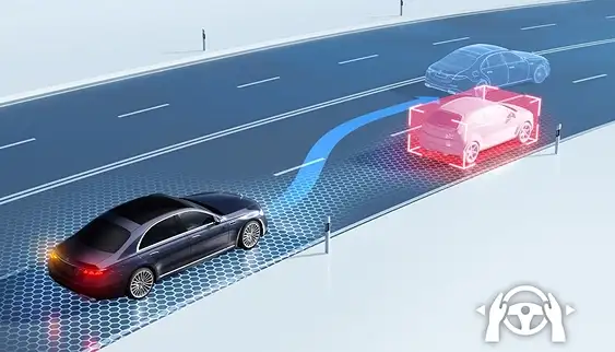 Illustration of a sedan steering around a highlighted vehicle ahead on a highway