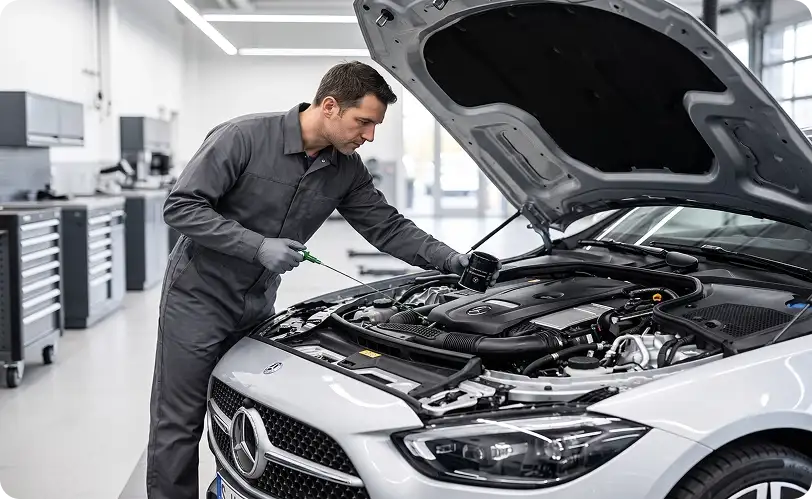 Technician checking the dipstick on a silver Mercedes-Benz sedan with the hood raised in the service bay
