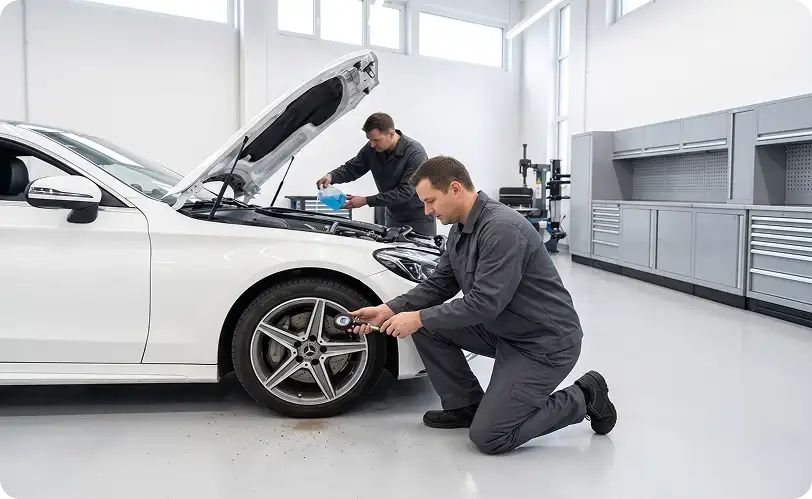 Two technicians working on a white Mercedes-Benz C-Class, one at the front wheel and one topping up fluid under the raised hood