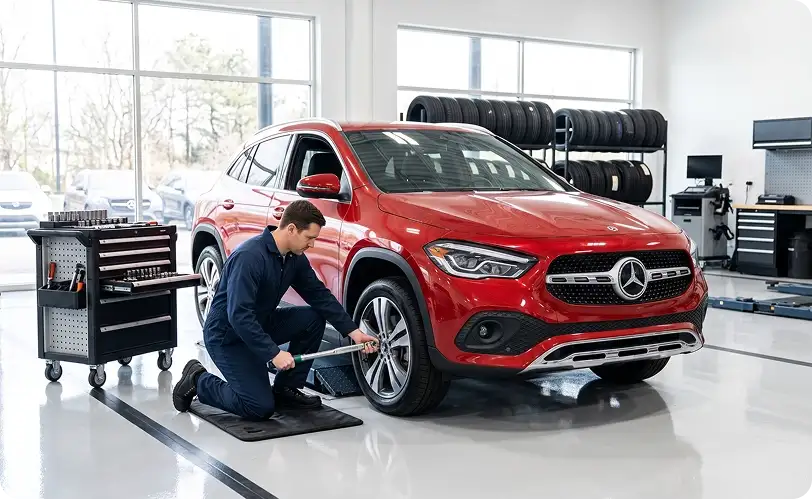 Technician torquing the front wheel of a red Mercedes-Benz GLA with a torque wrench beside a rolling tool chest