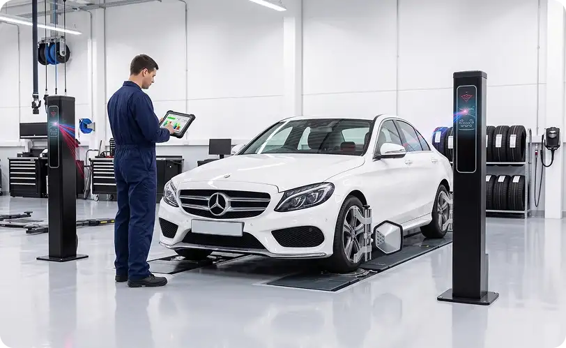 Technician reading alignment results on a tablet beside a white Mercedes-Benz C-Class positioned between two alignment towers