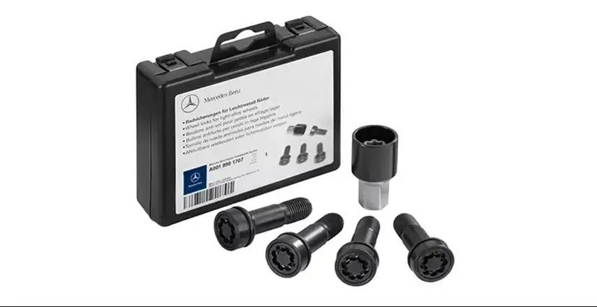 Four black wheel locking bolts with their key socket and storage case