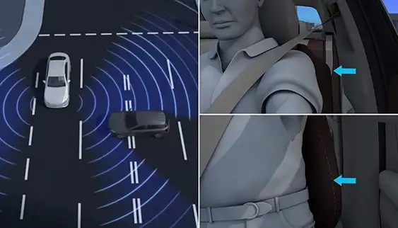 Radar illustration and cutaway of a side bolster moving an occupant away from the door