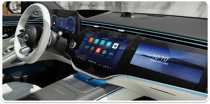 S-Class cockpit with the steering wheel, driver display and central touchscreen