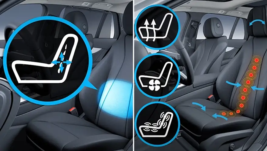 Seat contour, ventilation and massage icons beside a black leather front seat
