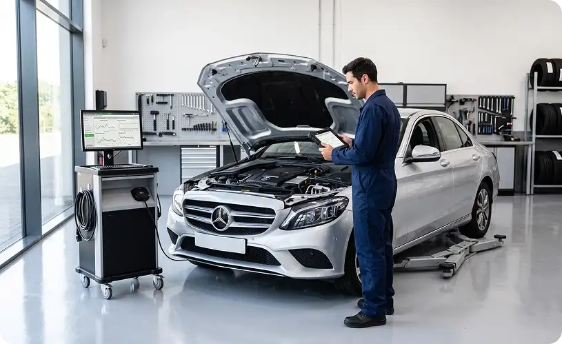 Technician reviewing diagnostics on a tablet beside a silver Mercedes-Benz sedan with the hood open