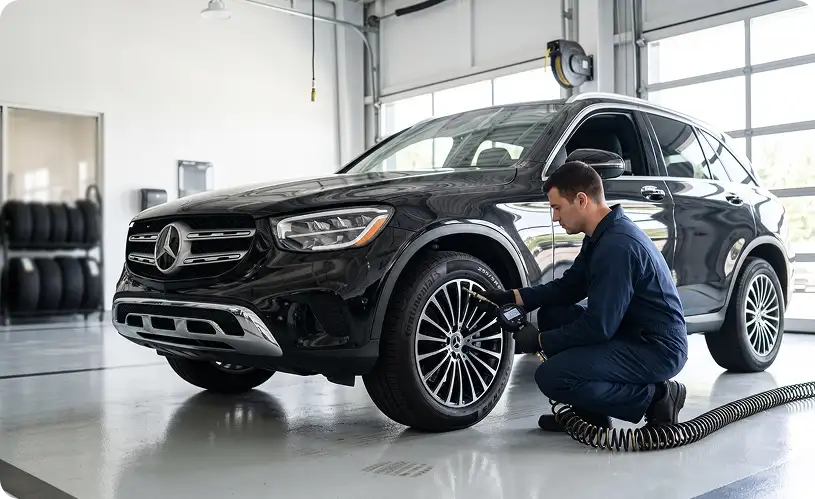 Technician checking tire pressure on the front wheel of a black Mercedes-Benz GLC with an inflator hose