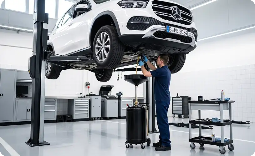 Technician draining engine oil into an upright waste-oil drainer beneath a white Mercedes-Benz GLE on a two-post lift