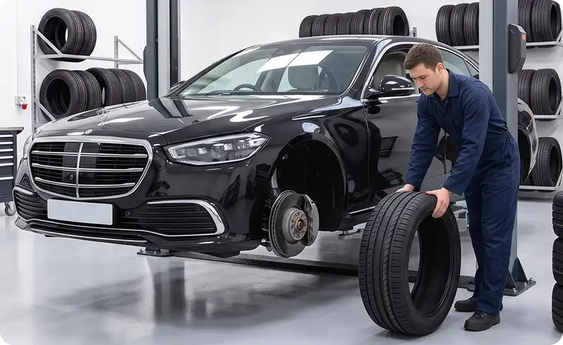 Technician carrying a new tire to a black Mercedes-Benz S-Class with its front wheel removed, exposing the brake rotor