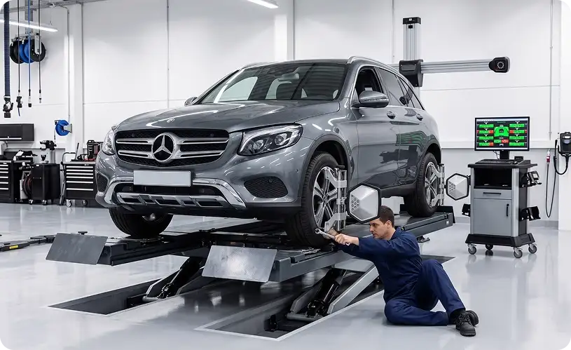Technician working beneath a grey Mercedes-Benz GLC raised on a scissor alignment lift, with live angle readings on the monitor