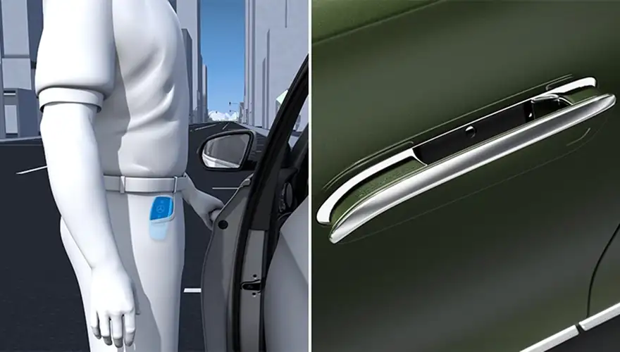 Driver approaching the door with the key in a pocket beside a flush chrome door handle
