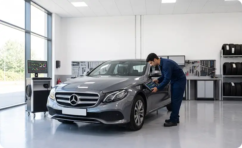 Technician running a tablet diagnostic scan on a grey Mercedes-Benz E-Class sedan in the service bay