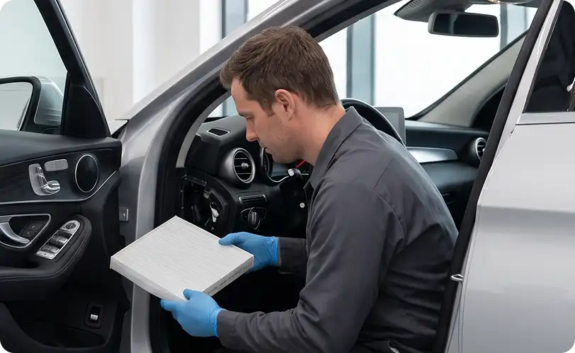Technician in blue gloves fitting a new cabin filter into the dashboard of a silver Mercedes-Benz