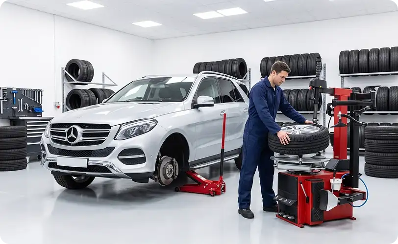 Technician loading a wheel onto a tire changer beside a white Mercedes-Benz GLE raised on a floor jack