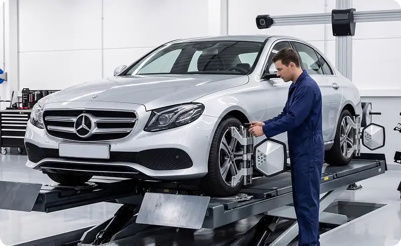 Technician fitting an alignment sensor to the front wheel of a silver Mercedes-Benz E-Class on the alignment rack