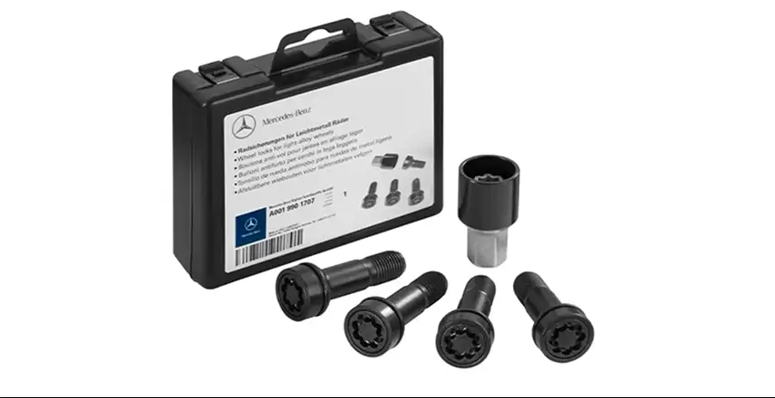 Set of four wheel locking bolts with a socket key and a black storage case
