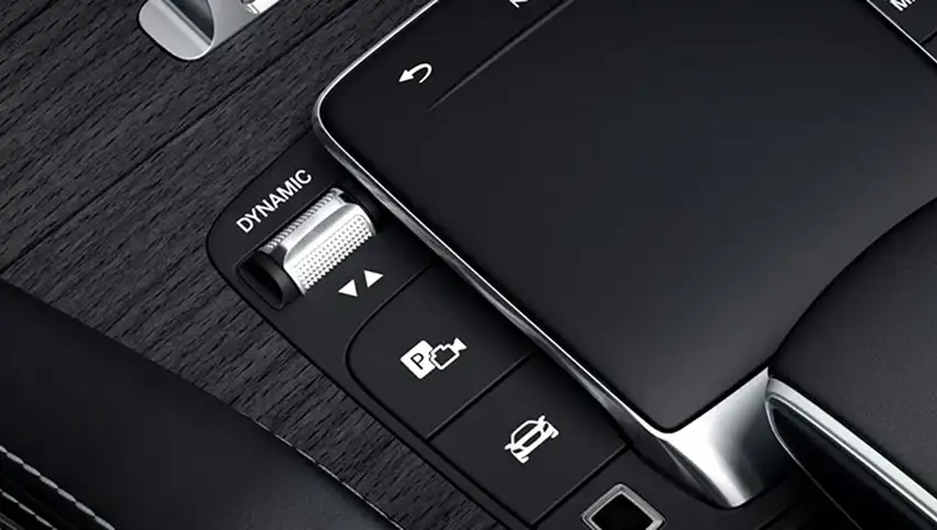 DYNAMIC SELECT rocker switch on a black open-pore wood center console