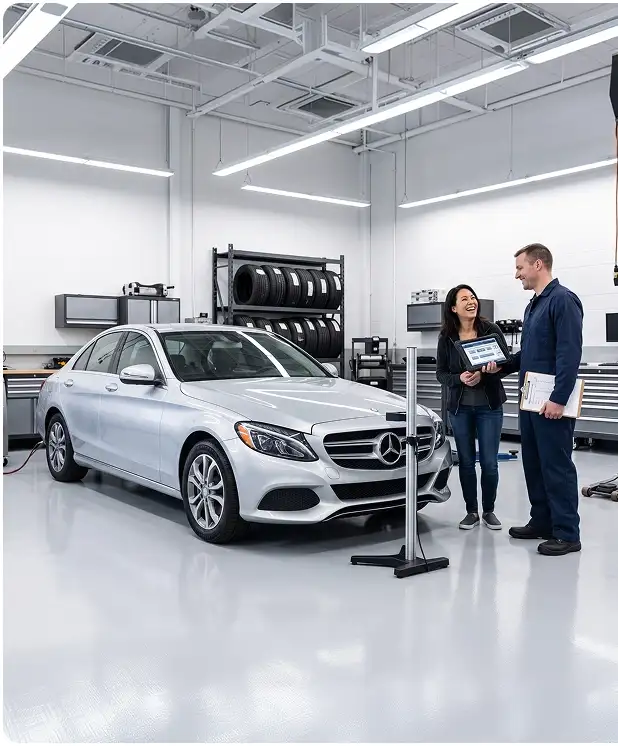 Service advisor reviewing an inspection report with a customer next to a silver Mercedes-Benz C-Class