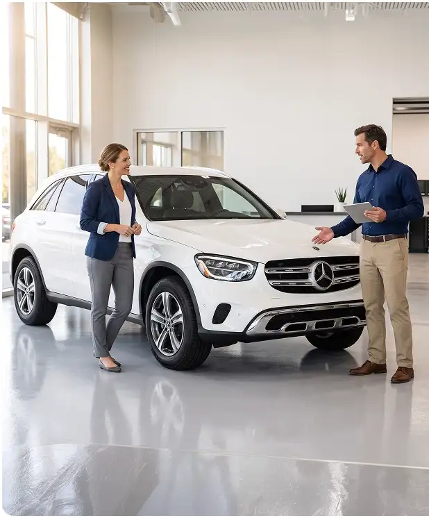 Service advisor with a tablet talking to a customer beside a white Mercedes-Benz GLC in the showroom