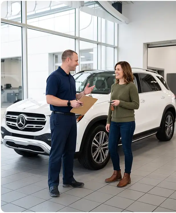 Service advisor with a clipboard handing keys back to a customer beside a white Mercedes-Benz GLE in the showroom