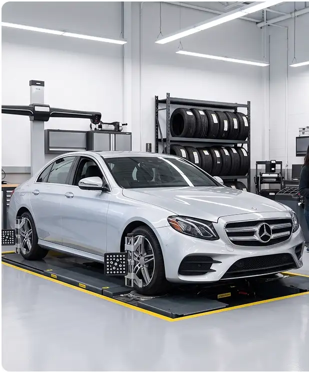 Silver Mercedes-Benz E-Class parked on a yellow-edged alignment rack with wheel targets fitted, tire rack behind