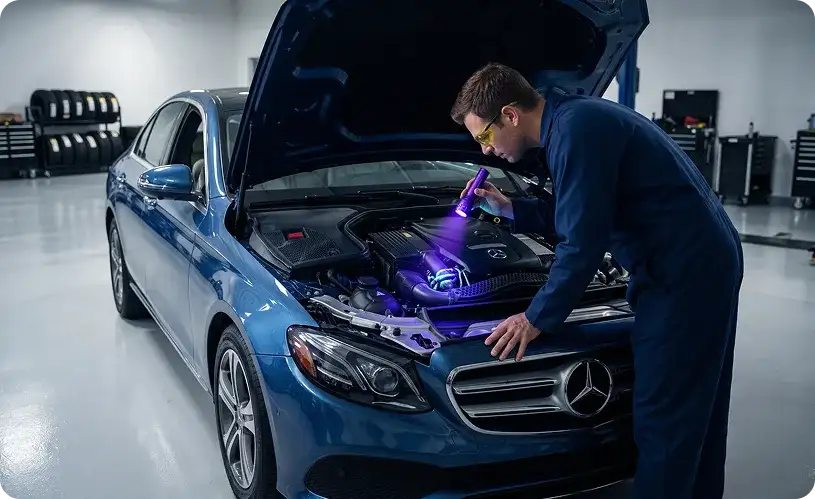 Technician using a UV leak-detection light to inspect the air conditioning components in the engine bay of a blue Mercedes-Benz E-Class