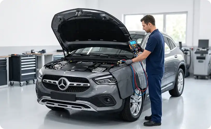 Technician reading an air conditioning manifold gauge set at the open hood of a grey Mercedes-Benz GLA SUV