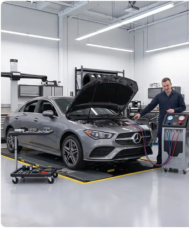 Service advisor and technician reviewing air conditioning service on a grey Mercedes-Benz CLA with an AC recharge machine alongside