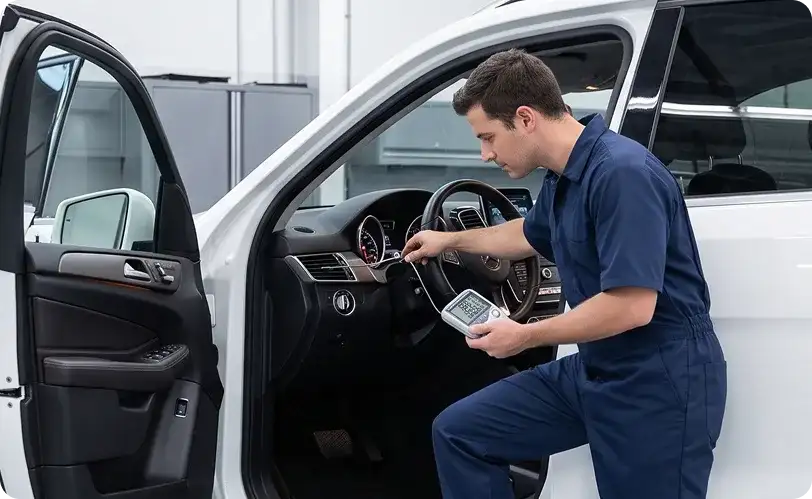 Technician measuring vent output temperature with a digital thermometer at the driver's seat of a white Mercedes-Benz SUV