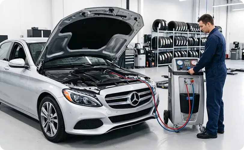 Technician operating an air conditioning recharge machine connected to a silver Mercedes-Benz C-Class sedan