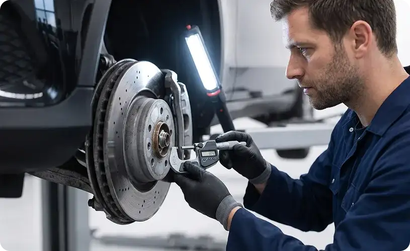 Technician measuring a cross-drilled Mercedes-Benz brake rotor with a digital micrometer under a work light