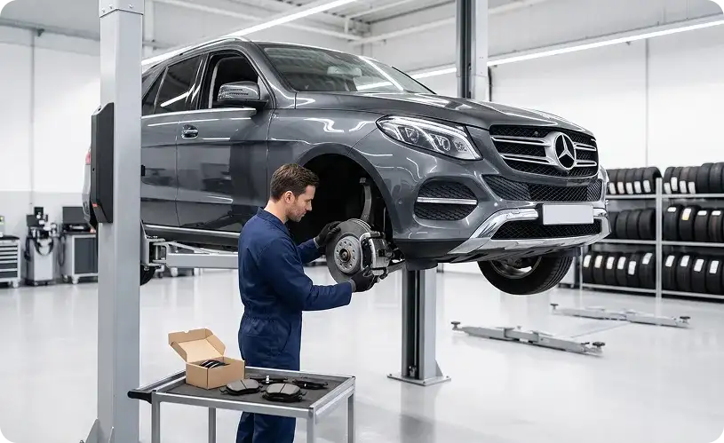 Technician removing the front brake rotor from a grey Mercedes-Benz GLE SUV raised on a two-post lift, with new brake pads laid out on a service cart