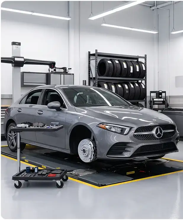 Service advisor standing beside a grey Mercedes-Benz A-Class sedan on an alignment rack next to a brake fluid flush machine