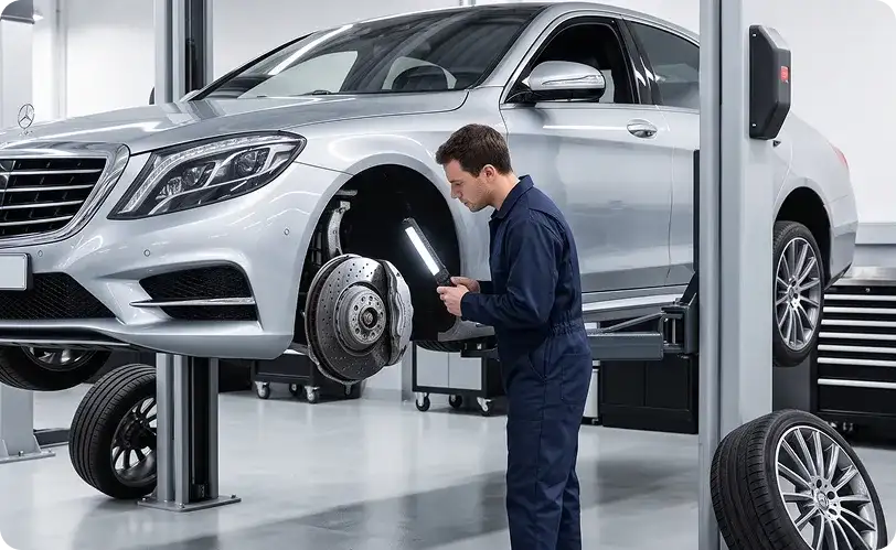 Technician inspecting the front brake assembly of a silver Mercedes-Benz S-Class raised on a lift, using a handheld work light