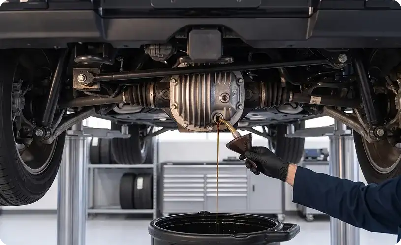Close-up of differential fluid draining from the rear differential housing of a raised Mercedes-Benz into a collection drum