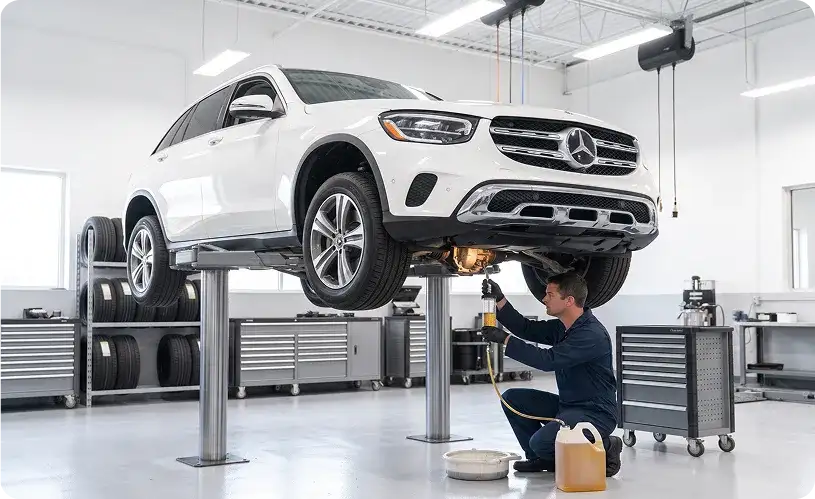 Technician refilling the differential on a white Mercedes-Benz GLC raised on a two-post lift, with a fluid jug alongside