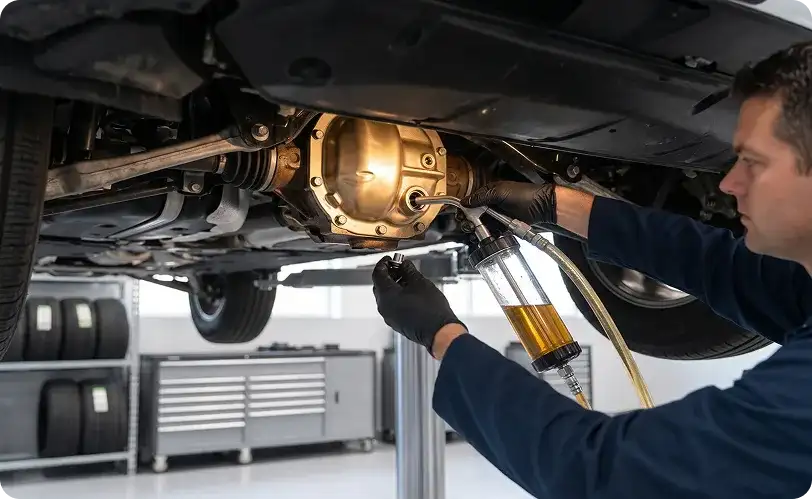 Technician refilling a Mercedes-Benz differential with fresh gear fluid using a hand pump