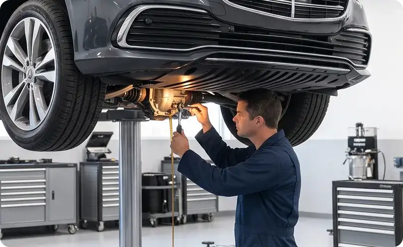 Technician draining differential fluid from a grey Mercedes-Benz S-Class raised on a two-post lift